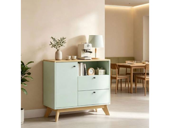 Buffet - WESTYLE - 80x35x76 3 cm - 1 porte 2 tiroirs - Étagère réglable - Vert sauge style scandinave