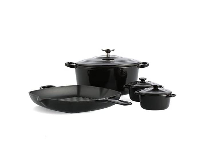 BK Cookware Deutsches Emaille-Gusseisen 7-teiliges Antihaft-Kochgeschirr-Set, Auflaufform mit Deckel, Grillpfanne, Mini-Gusseisen, Feuertopf, Induktion, Ofen- und spülmaschinenfest,PFAS-frei,Schwarz