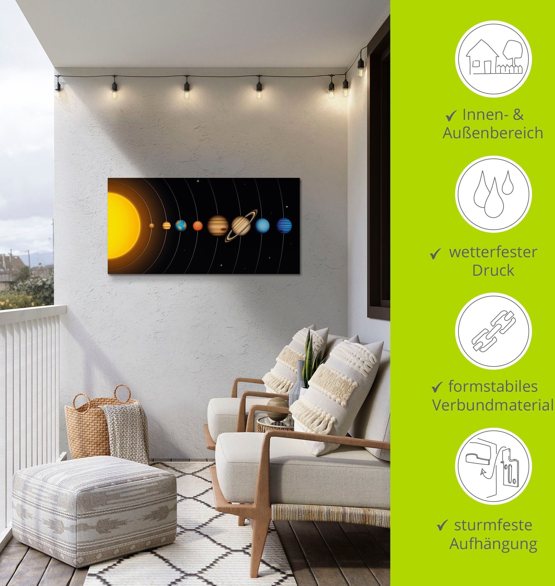Wandbild ARTLAND "Vector Sonnensystem mit Planeten", bunt (farbe bild(er): bunt), B:150cm H:75cm, Bilder, Wandbild, als Alubild, Leinwandbild, Poster in verschied. Grössen farbe bild(er): bunt B/H/T: 150cm x 75cm, Alu-Dibond-Druck Sonnensystem Querformat,