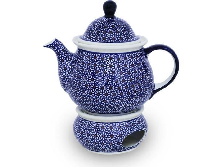 Bunzlauer Keramik Teekanne 1,7L Teekanne mit Stövchen – bauchig, klassisch rund Form, Dekor 120, 1,70 l