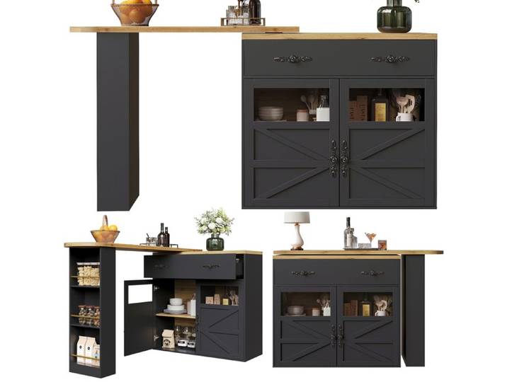 Table de bar extensible - Modèle 138-204 cm - Rotatif 360° - Rangement 5 espaces - Noir