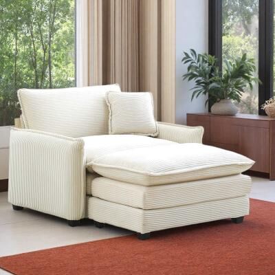 Corduroy Sofa with Footstool, Deep Seat, and One Pillow