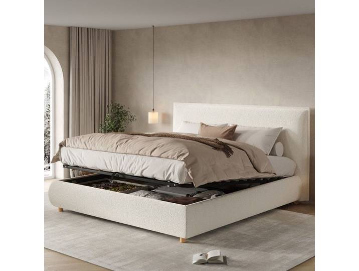Lit double 180x200 cm avec sommier à lattes Lit double hydraulique avec tête de lit en velours Lit double en bois massif Blanc