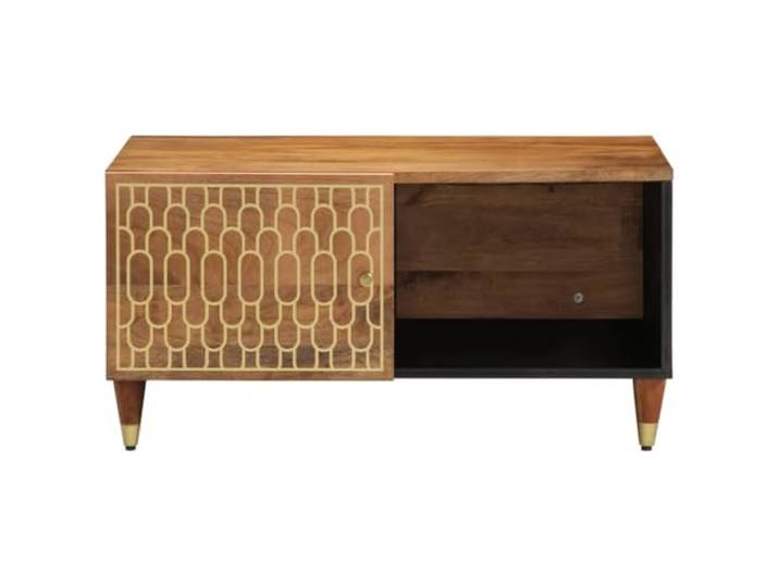 Couchtisch 80x50x40cm Massivholz Mango 2 Schubladen, Tischplatte, Eisenfüße, Retro-Stil, handgeschnitztes Blumenmotiv