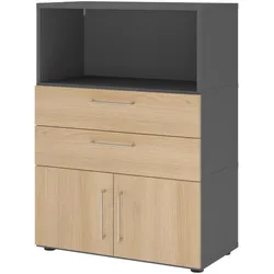 bümö flexi Aktenschrank mit Flügeltüren & 2 Schubladen in Graphit/Eiche, Büroschrank mit werkzeuglosem Schnellmontage-Klicksysten in modularer
