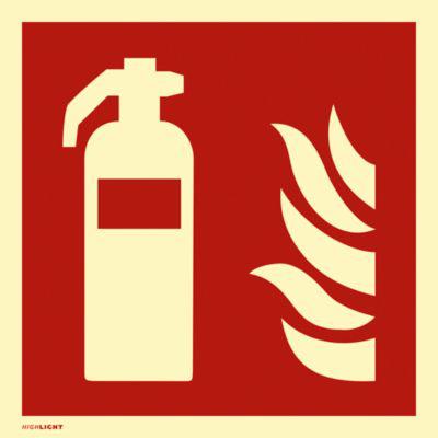 moedel Brandschutzzeichen „Feuerlöscher“, nach ISO 7010 F001, Aluminium, langnachleuchtend, B 200 x H 200 mm