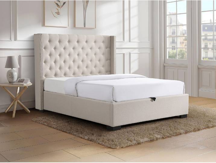 Bett mit Bettkasten mit gestepptem Kopfteil - 200 x 200 cm - Stoff - Beige - MASSIMO
