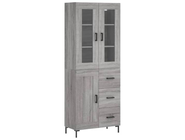 Fisinber Highboard Grau Sonoma 69,5x34x180 cm Holzwerkstoff Schrank Eleganter Viertürer-Kommodenschrank in Holzoptik mit Glas und Metallfüßen für Wohnzimmer und Flur.