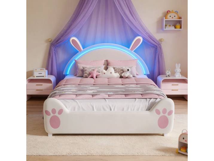 Lit Enfant 140x200CM avec LED - Tête de Lit Lapin Mignonne - Cadre de Lit Capitonné avec Sommier - Tissu de Velours - Lit 2 Place