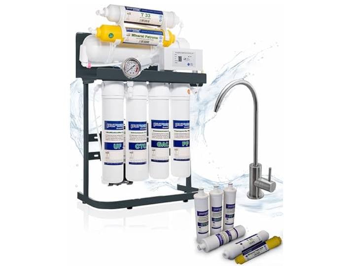 purway® PUR Booster Quick 7 Stufen 600 GPD Osmoseanlage + ERSATZFILTERSET Kompakte Umkehrosmoseanlage mit Trinkwasserfilter und Osmose Wasserfilter für die ganze Familie