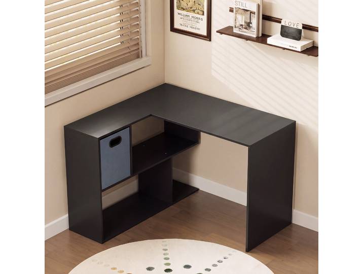 HOMCOM Bureau d’Angle Moderne Noir avec Étagère et Tiroir 110x100cm