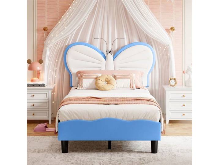 Lit enfant Papillon 90x200 cm - Lit simple - Tête de Lit avec Lampes de Lecture LED - Sans matelas - Blanc et Bleu