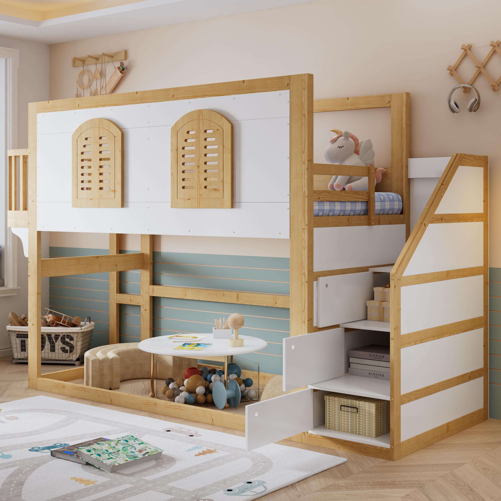 STILVORA Kinderbett 90x200cm mit Treppenschrank, Hochbett mit Spielfläche & Fensterdesign,Jugendbett mit stabiler Lattenrost,Weiß+Natur