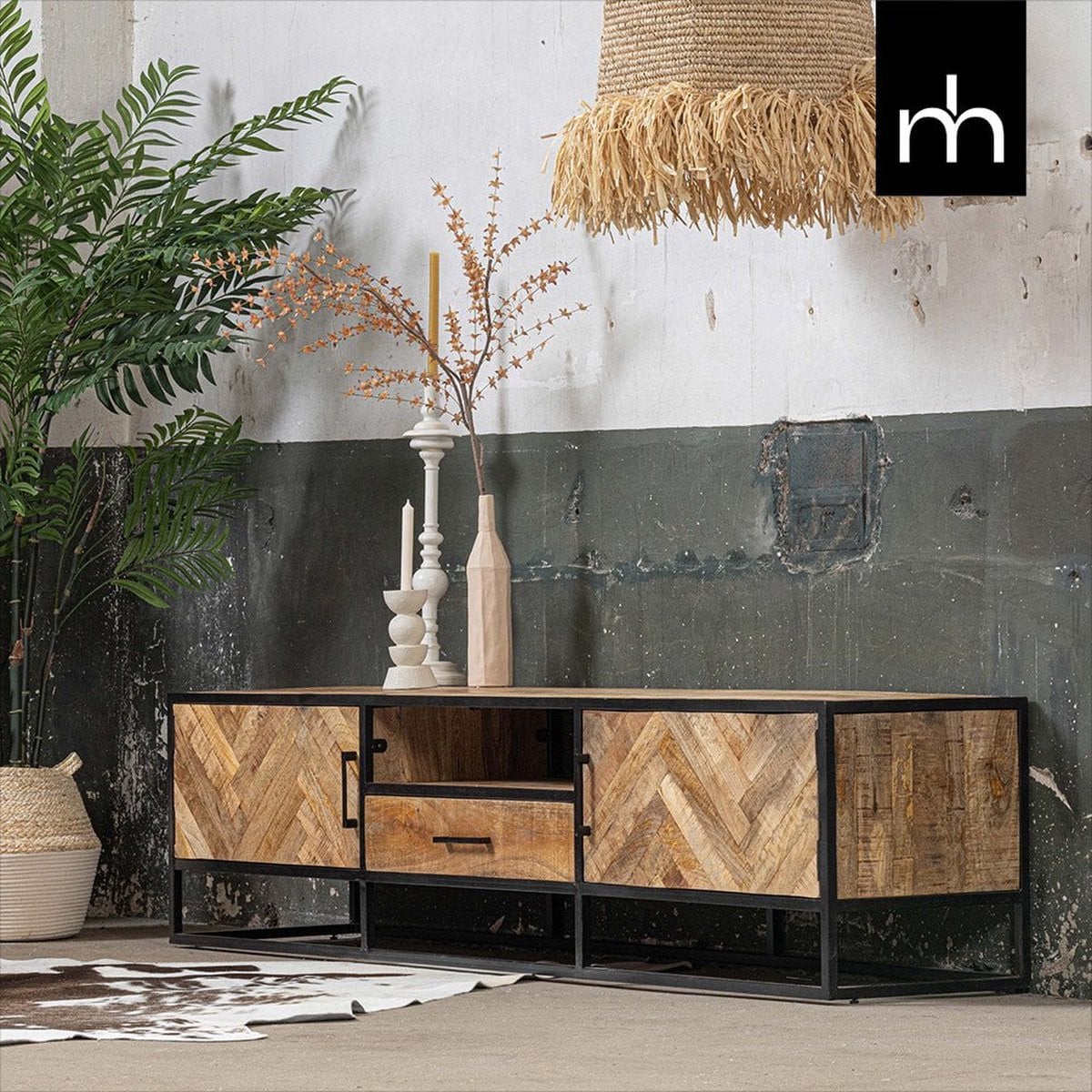 New Haven Mangohouten TV Meubel 210 cm Mahom Industrieel