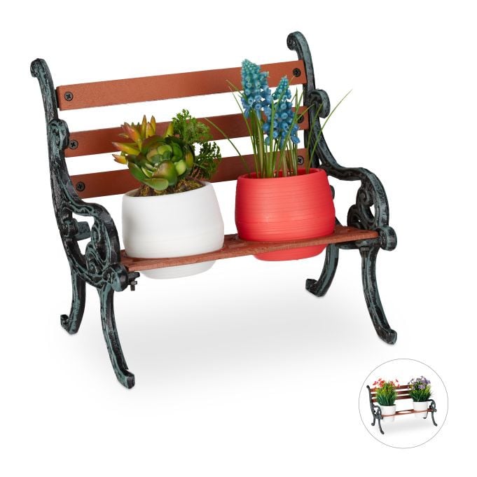 Relaxdays Mini Plantenrek van Gietijzer en Hout, Pothouder voor 2 Bloempotten, Bruin/Grijs, B/D/H: 24,5 x 17,5 x 20,5 cm