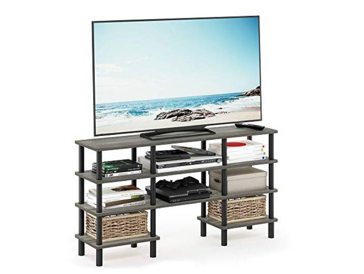 Furinno Turn-N-Tube 4-stufiger TV-Ständer, Französische Eiche Multifunktionales Entertainment-Center mit breitem Regal, TV-Konsole für Wohn- und Schlafzimmer