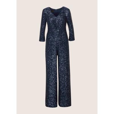 Overall MADELEINE "Jumpsuit Eleganter Pailletten-Einteiler", Damen, Gr. 40, N-Gr, blau (dunkelblau), Obermaterial: 100% Polyester PES., Modern, figurbetont, V-Ausschnitt, Overalls Overall, Funkelnde Pailletten