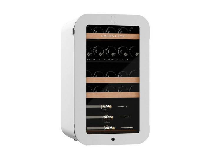 Swisscave Weinkühlschrank WLB-120DF-WHITE. 2-Zonen Weinkühlschrank, 83cm (H), 26 Flaschen, für 26 Standardflaschen á 0,75l,Umschaltbare Rundumausleuchtung (Weiß, Blau, Amber)