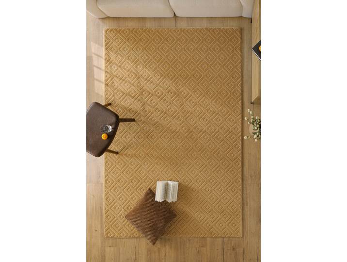 Teppich WECON HOME Castello TWO , beige (karamell), B:140cm H:7mm L:200cm, Schurwolle, Teppiche, Teppich, Schurwolle, Kurzflor mit Hoch-Tief-Effekt, Wohnzimmer, Rautenmuster