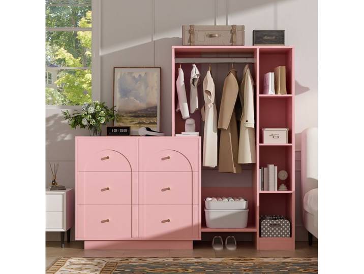 VUENOR Armoire ouverte de chambre 139 x 35 x 133 cm rose – penderie avec 6 tiroirs et étagères latérales