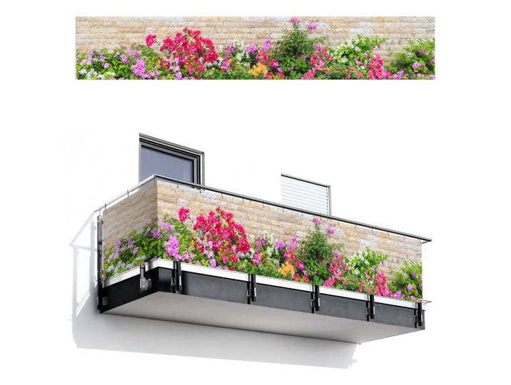 MuchoWow Balkon-Sichtschutz Blumen - Pflanzen - Blätter - Steine, Pink, Kunststoff, Rechteckig, 500x85 cm, Sonnenschutz, Sichtschutz