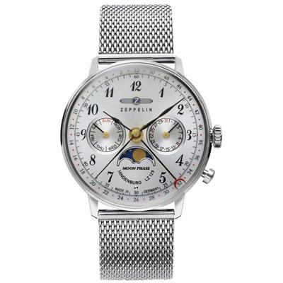 Multifunktionsuhr ZEPPELIN "LZ 129 Hindenburg Mondphase", silber (silberfarben, silberfarben), Armbanduhren, Damen, Armbanduhr, Damenuhr, Datum, Mondphase, Made in Germany