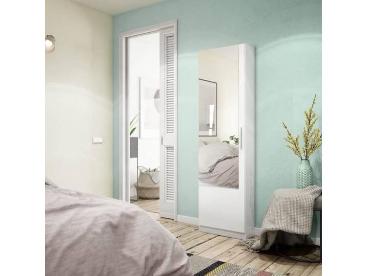 Dmora - Meuble à chaussures Eugene Armoire à chaussures haute avec 1 porte Meuble à chaussures avec miroir 50x22h180 cm Blanc