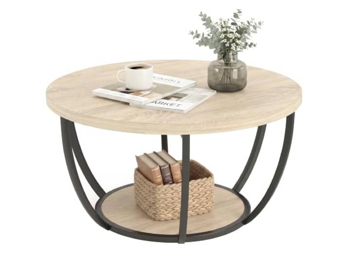 HOMCOM Runder Couchtisch mit 2 Ablagefächern Eiche und Schwarz Moderner Couchtisch, Metallbeine, dicke Platte, abgerundete Kanten, für Wohnzimmer, Zuhause, Büro