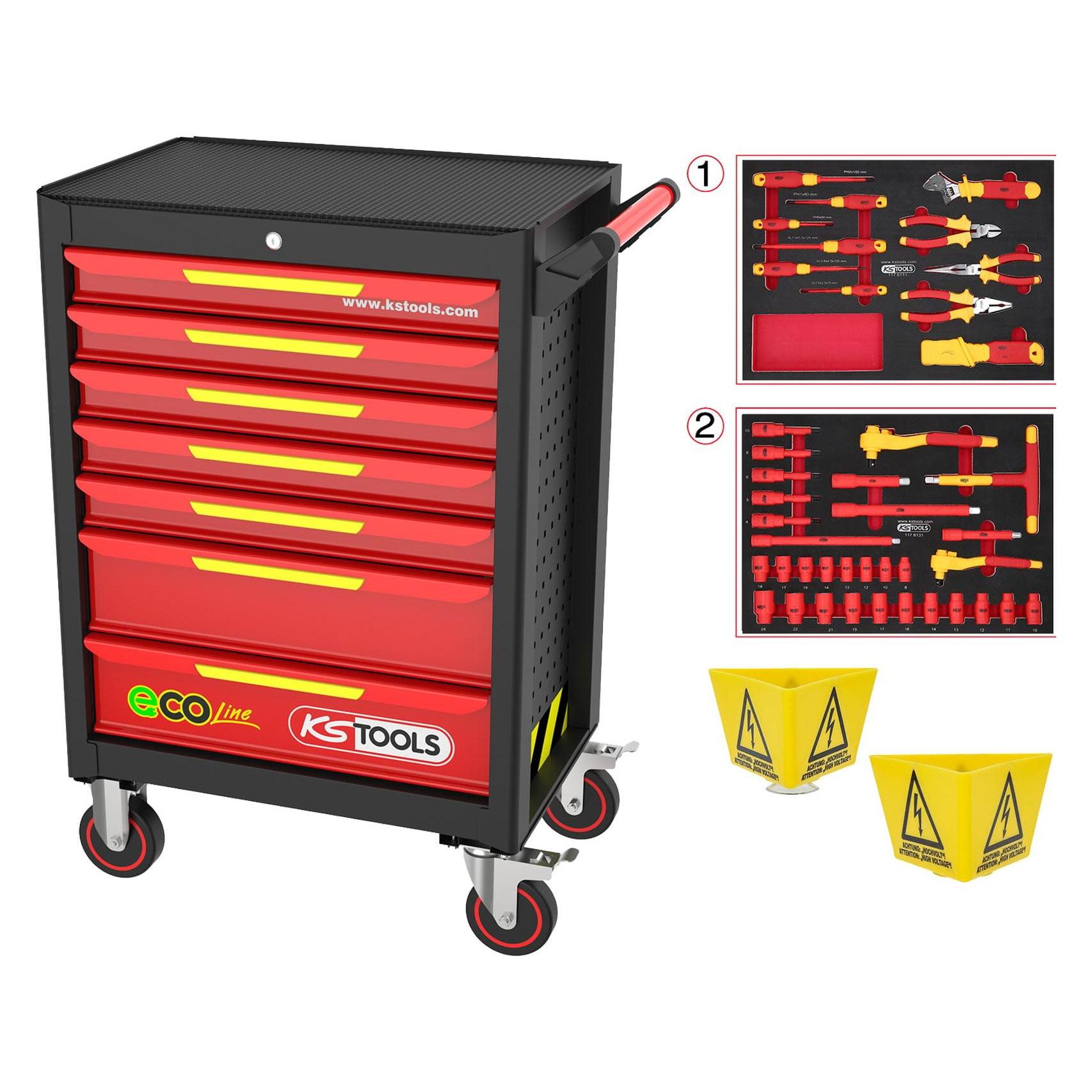 KS Tools ECOline Werkstattwagen mit 42 isolierten Werkzeugen für Hybrid- und Elektrofahrzeuge (44x) (117.6144)