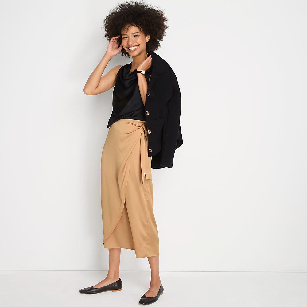 Satin-Wickelrock in Midi-Länge für Damen in Petite-Größe, Damen, size: petite, Braun, Polyester, by Lands' End
