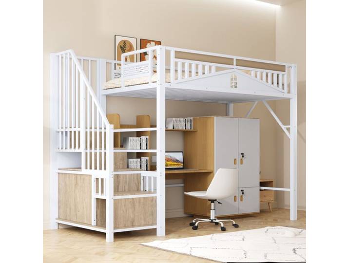 Lit mezzanine - 90x200 - Métal blanc - Échelle avec rangements - Barrière sécurité patchwork