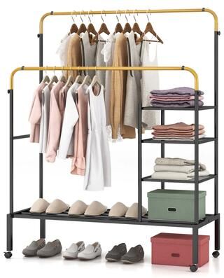Portable Rolling Hanging Clothes Rack Double Rods Garment Rack
