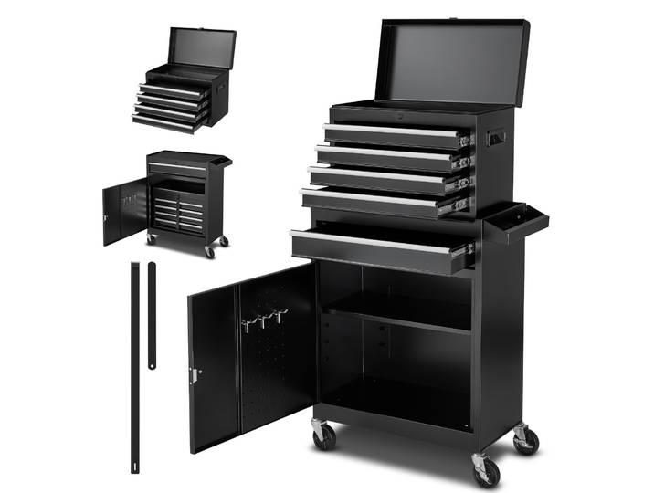 SucceBuy Armoire à outils roulante à 5 tiroirs 2-en-1 avec barre de verrouillage, boîte à outils métallique pour atelier et garage