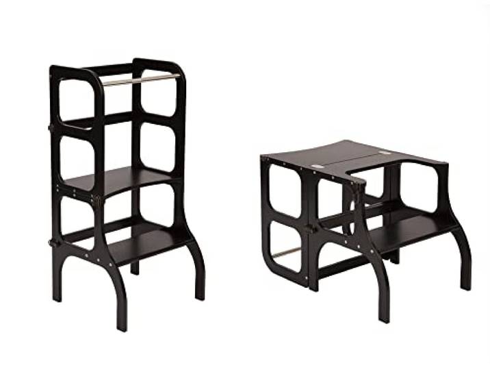 Ette Tete STEP'n'SIT® Wandelbare Montessori Lernturm + Tisch, 2 in 1 (mit Messingverschlüssen, Schwarz)