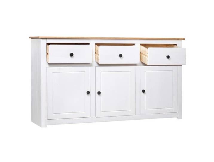 Buffet Blanc - KAI - 135x40x80 cm - Pin solide - 3 tiroirs - 3 portes