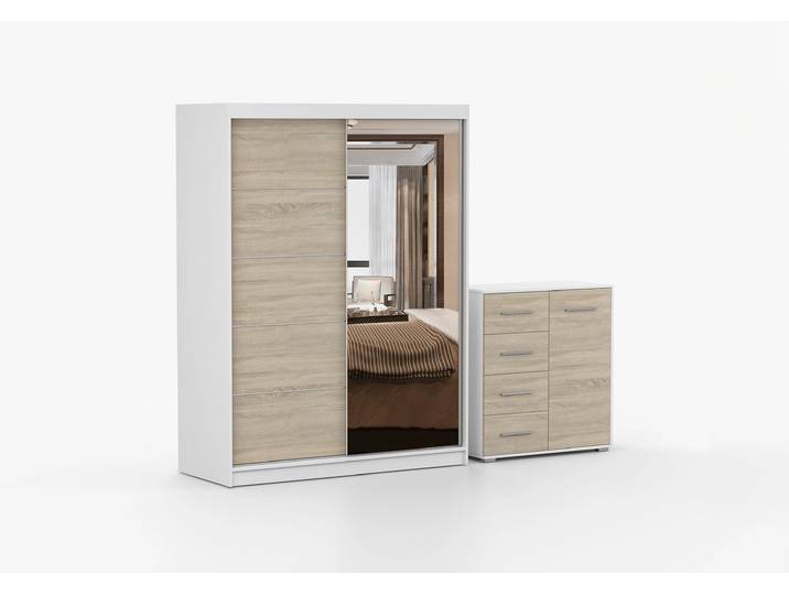 Schwebetürenschrank und Kommode 2-er Set VISTA 05/FRIDA MINI 01 Weiß Sonoma Eiche + Spiegel Ohne LED-Beleuchtung