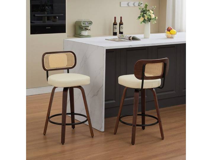Tabouret de comptoir - HIBA - 66 cm - Dos en canne ventilé - Assise rembourrée - Pivotement 360°