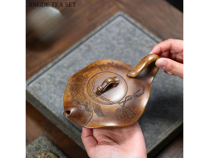 Théière en argile violette faite à la main Yixing de 410ml, minerai Original, théière en feuille de Lotus à bois Longyao, théière de service à thé Kung Fu