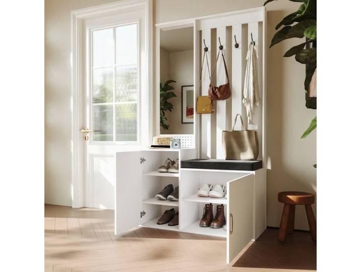 Meuble d'entrée - Meuble Entrée 4 en 1 - Miroir pleine longueur - Banc rembourré - Rangement chaussures blanc