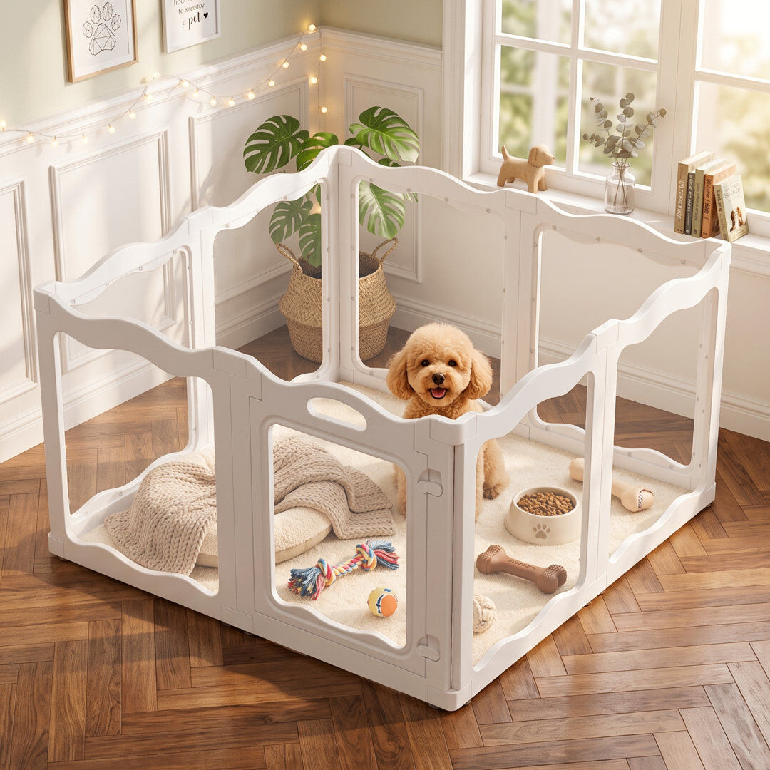YODOLLA Clear Acrylic Dog Playpen Modular Indoor Puppy Exercise Pen with ,Non-Slip Base for Everyday Pet Care White 104 x 104 x 60cm