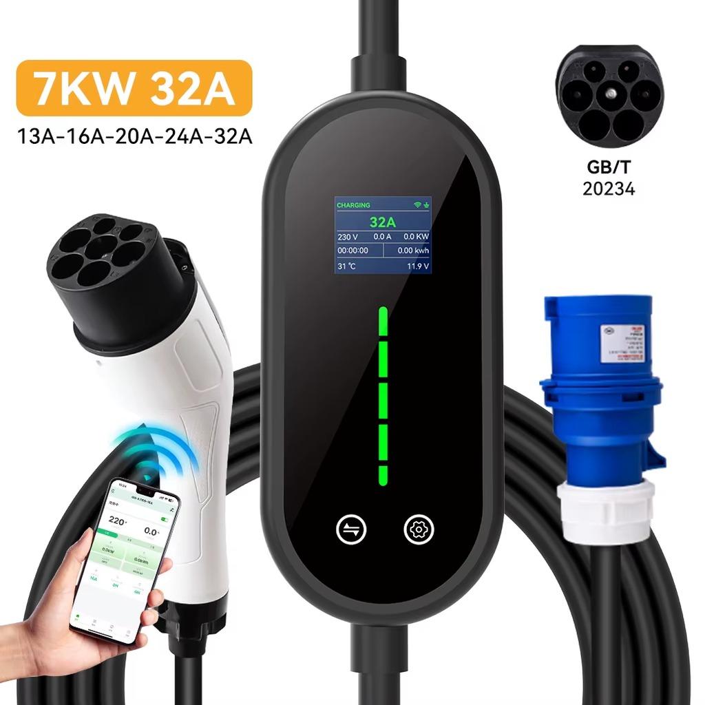 Mobiles Elektroauto-Ladegerät - GBT - 7 kW - 32 A - 10 m Kabel - WLAN-Fernsteuerung - IP55 - 110-240 V