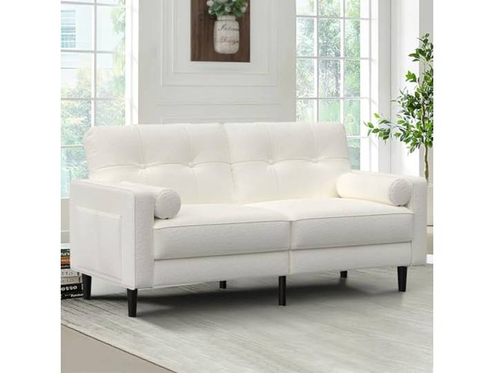 Aotumm Ciort 2-Sitzer Sofa, Dicke Kissen, 2 Kissen (Klassisches Beige) Bequemes Leinen-Sofa, 2-Sitzer mit 2 Kissen, Seitentaschen, Ergonomisches Design & Einfache Montage für Wohnzimmer & Büro