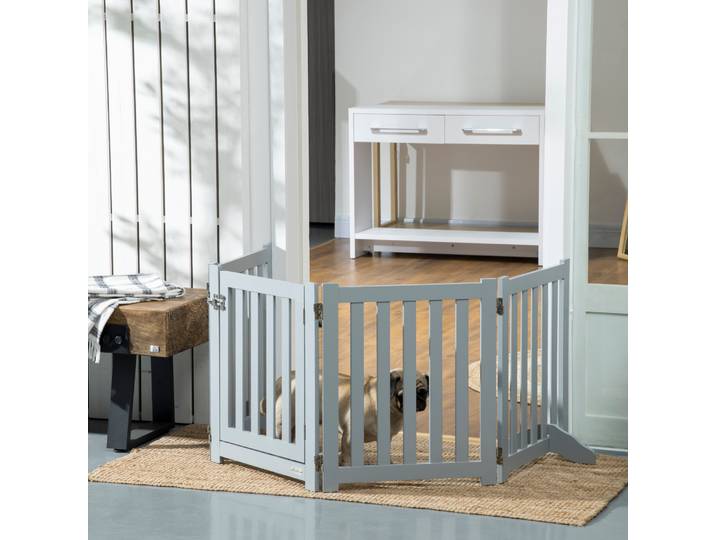 PawHut Barrière Chien Bois Pliable 4 Panneaux Porte 205x60cm Gris