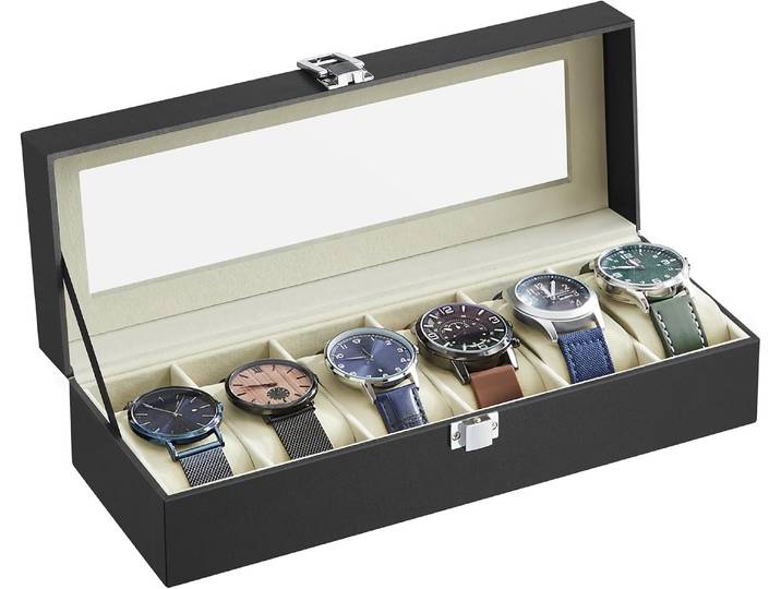 Uhrenbox 6 Fächer Uhrenorganizer Schwarz mit Glasdeckel