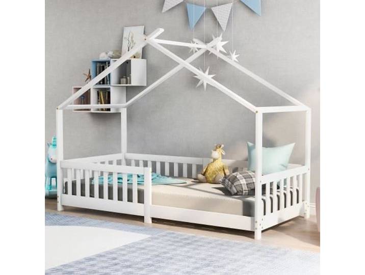 Dripex Lit Maison 200x90cm Lit Cabane d'enfant bois massif avec barrières de sécurité sommier Blanc