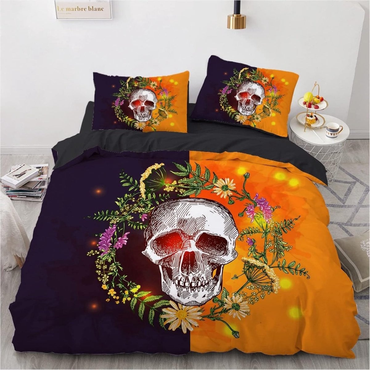 Dekbedovertrek Set Schedel - Zachte Microvezel - Oranje Zwart - 240x220 cm