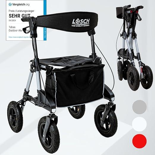 Rollator leicht faltbar mit Luftbereifung - Outdoor Rollator für Senioren mit Sitz, Tasche & Rückengurt - höhenverstellbar, stabil & kompakt - Gehwagen leicht & sicher