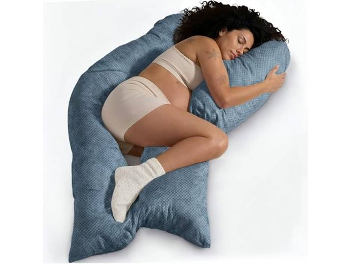 Traumreiter Schwangerschaftskissen Visco M Wendekissen Memory Foam [orthopädisch] + Watte Seite Seitenschläferkissen zum Schlafen, Stillkissen XXL, Komfortkissen mit Bezug Tauben Blau Deluxe