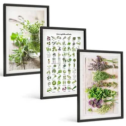 BILDER SET 3er Set - 40x60 cm Schwarzer Rahmen - Getrocknete Kräuter für die Küche