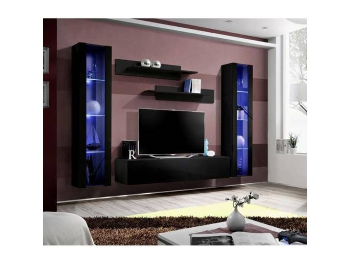 Composition murale FLY A2 – Noir brillant avec LED – Meuble TV suspendu avec colonnes et étagères – Design moderne